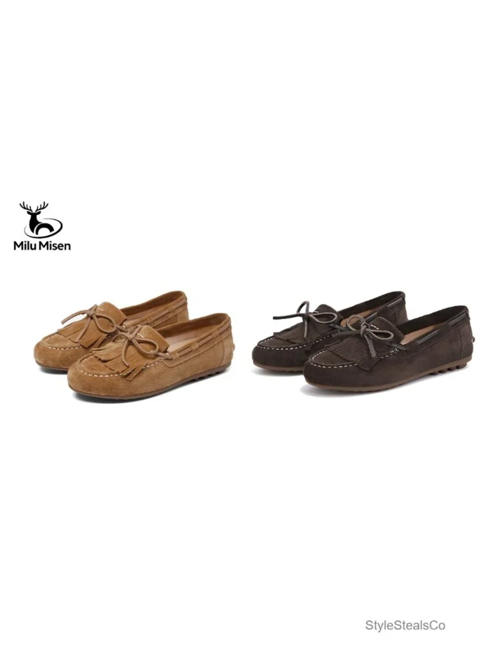 Premium Suede Leather Driving Mocc Fringe Bow Slip-On Loafers Flats